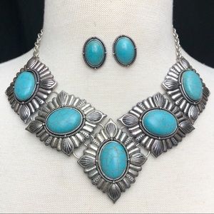 Large Turquoise Stone Concho Necklace Earrings Set